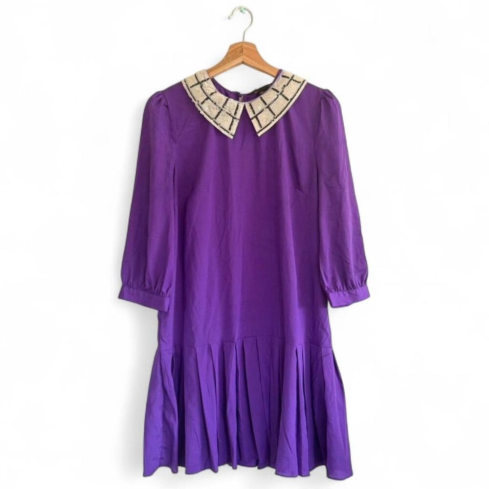 ELLISON PURPLE COLLARED FLOWY DRESS SEQUIN WOMENS SIZE LARGE